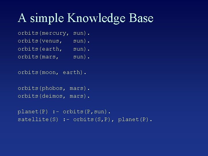 A simple Knowledge Base orbits(mercury, orbits(venus, orbits(earth, orbits(mars, sun). orbits(moon, earth). orbits(phobos, mars). orbits(deimos,