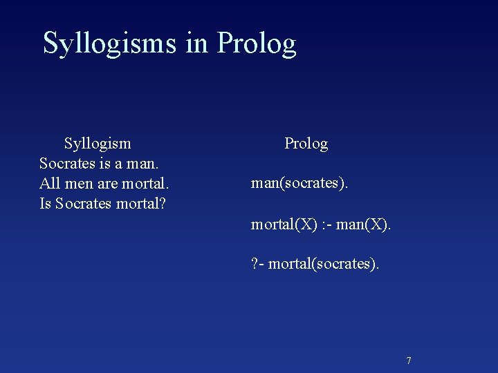 Syllogisms in Prolog Syllogism Socrates is a man. All men are mortal. Is Socrates