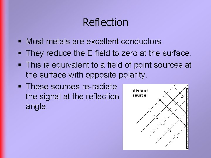 Reflection § Most metals are excellent conductors. § They reduce the E field to