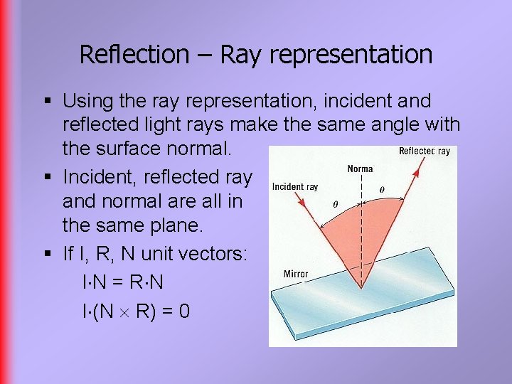 Reflection – Ray representation § Using the ray representation, incident and reflected light rays