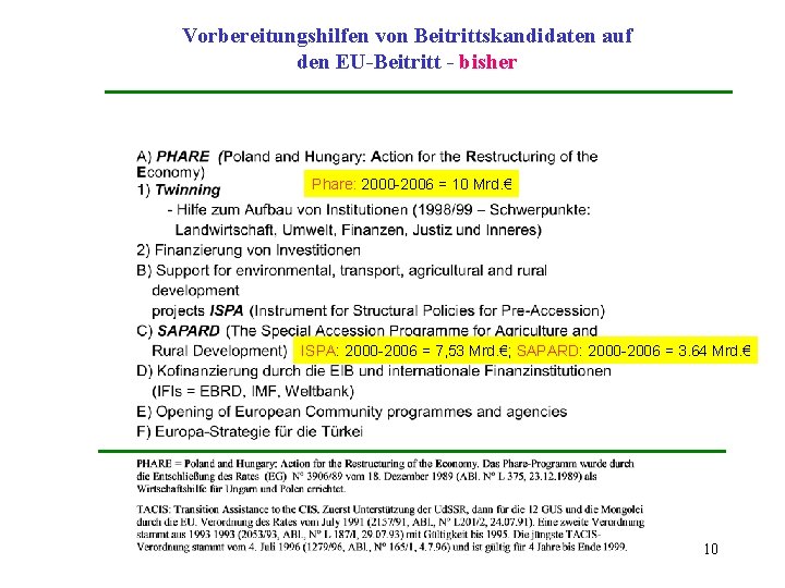 Vorbereitungshilfen von Beitrittskandidaten auf den EU-Beitritt - bisher Phare: 2000 -2006 = 10 Mrd.