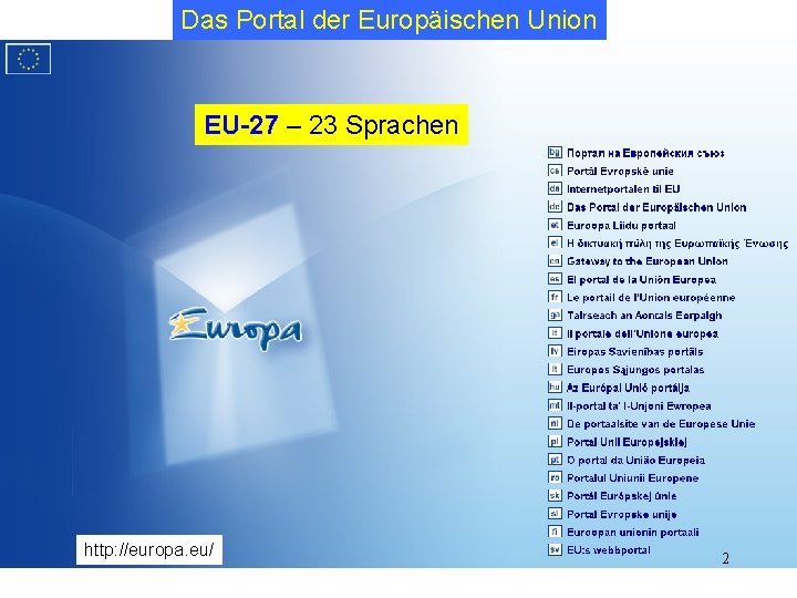Das Portal der Europäischen Union EU-27 – 23 Sprachen http: //europa. eu/ 2 