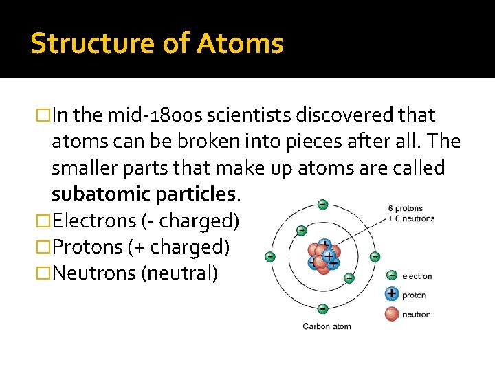 Structure of Atoms �In the mid-1800 s scientists discovered that atoms can be broken