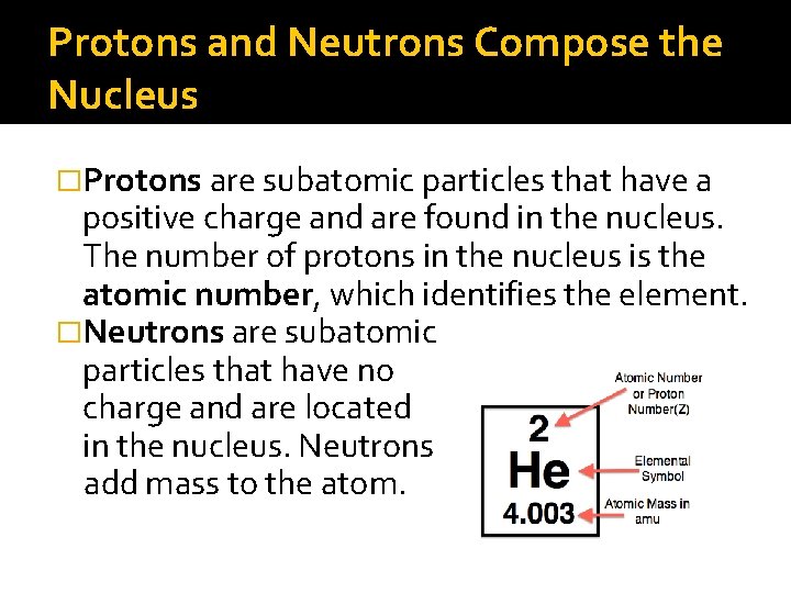 Protons and Neutrons Compose the Nucleus �Protons are subatomic particles that have a positive