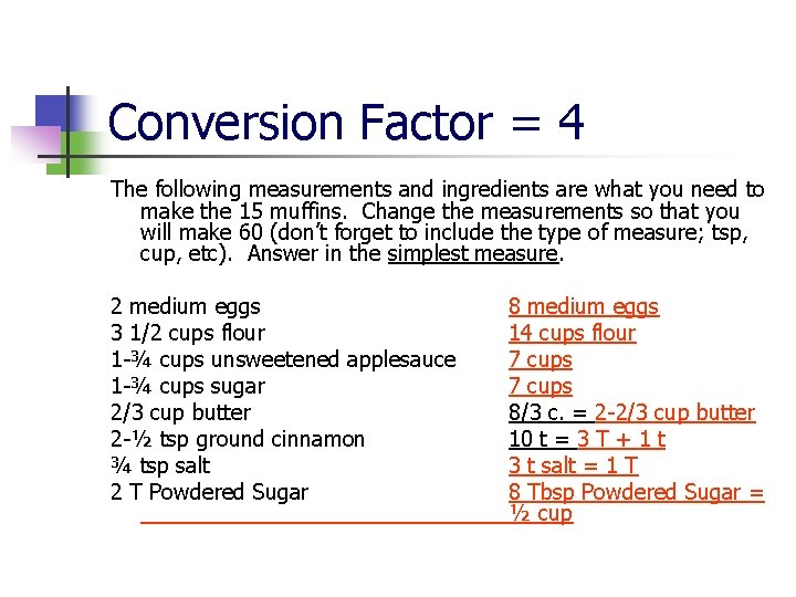 Conversion Factor = 4 The following measurements and ingredients are what you need to