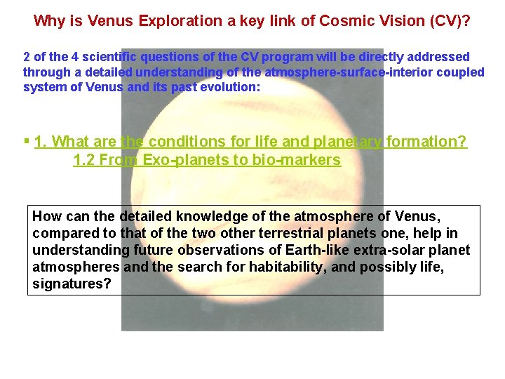 Why is Venus Exploration a key link of Cosmic Vision (CV)? 2 of the