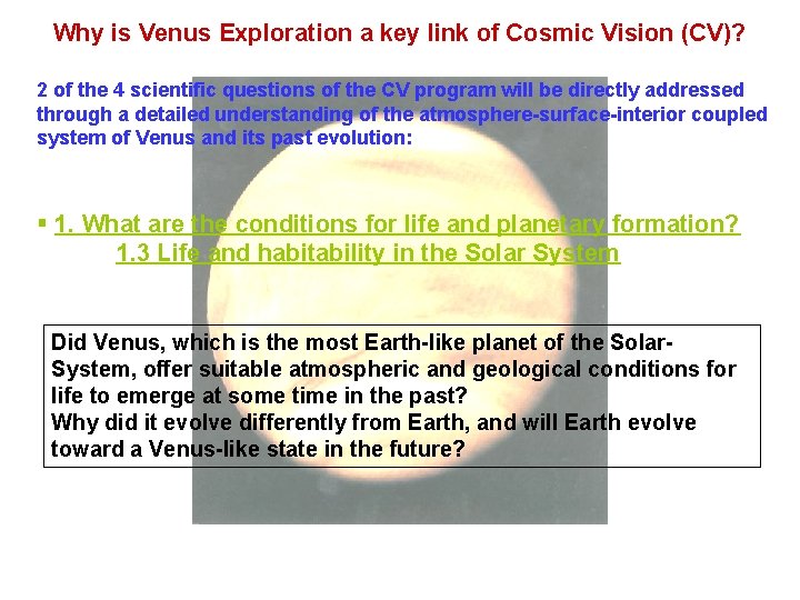 Why is Venus Exploration a key link of Cosmic Vision (CV)? 2 of the