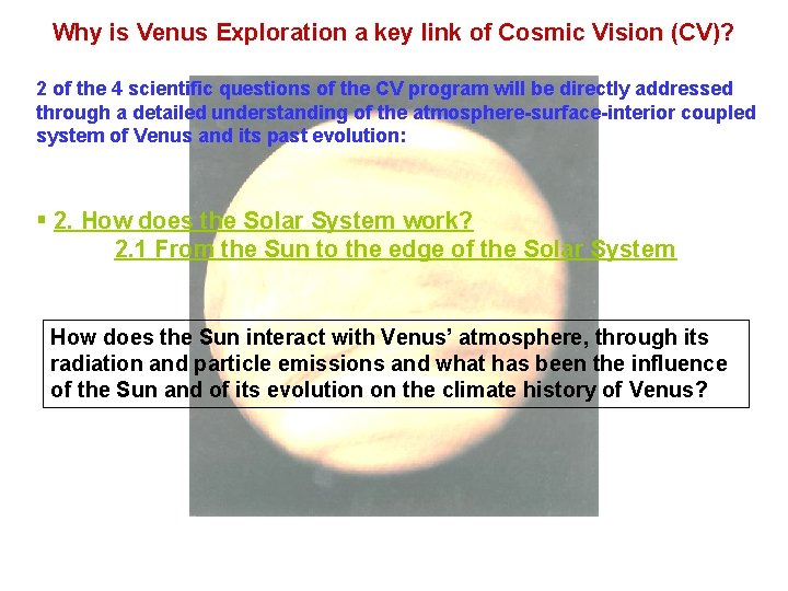 Why is Venus Exploration a key link of Cosmic Vision (CV)? 2 of the