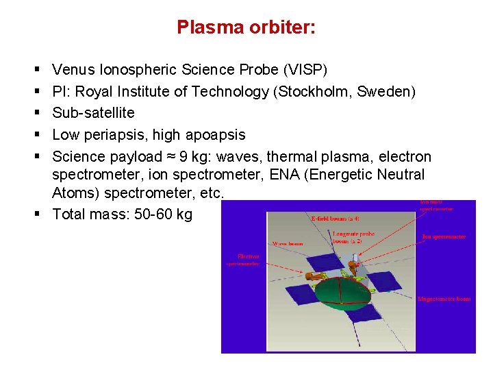 Plasma orbiter: § § § Venus Ionospheric Science Probe (VISP) PI: Royal Institute of