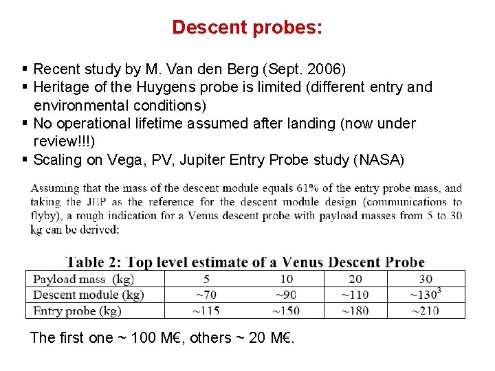 Descent probes: § Recent study by M. Van den Berg (Sept. 2006) § Heritage