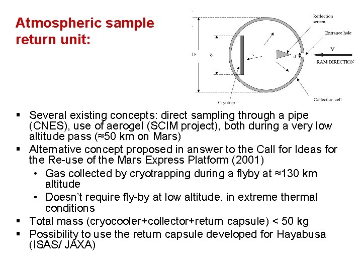 Atmospheric sample return unit: § Several existing concepts: direct sampling through a pipe (CNES),