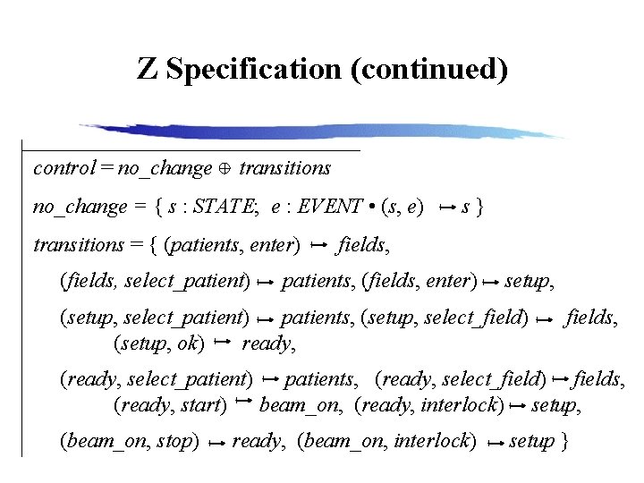 Z Specification (continued) control = no_change transitions no_change = { s : STATE; e