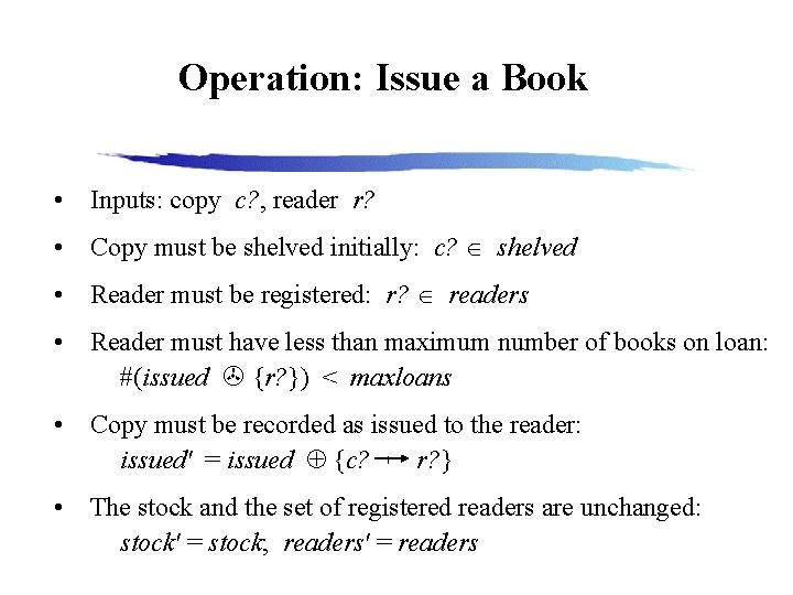 Operation: Issue a Book • Inputs: copy c? , reader r? • Copy must