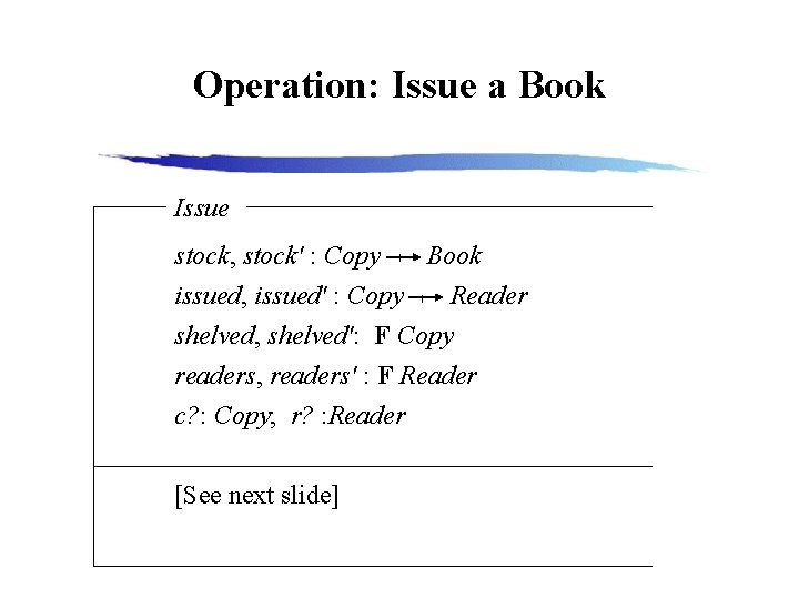 Operation: Issue a Book Issue stock, stock' : Copy Book issued, issued' : Copy