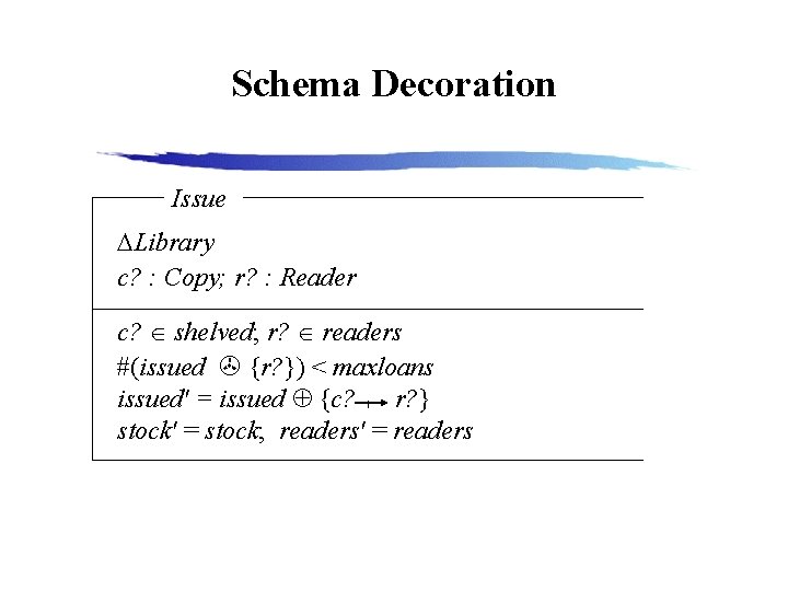 Schema Decoration Issue Library c? : Copy; r? : Reader c? shelved; r? readers