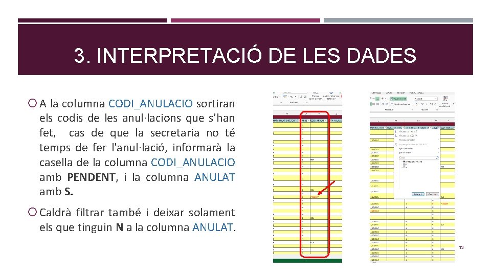 3. INTERPRETACIÓ DE LES DADES A la columna CODI_ANULACIO sortiran els codis de les