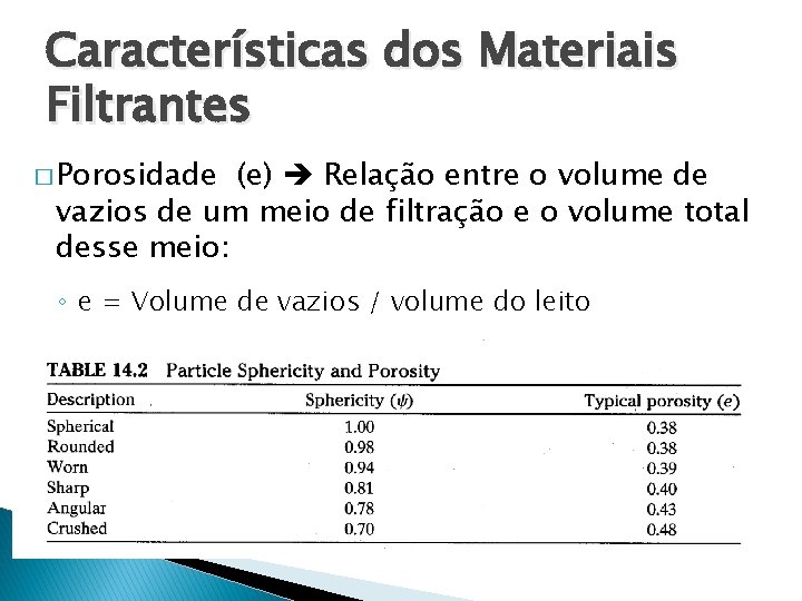 Características dos Materiais Filtrantes � Porosidade (e) Relação entre o volume de vazios de