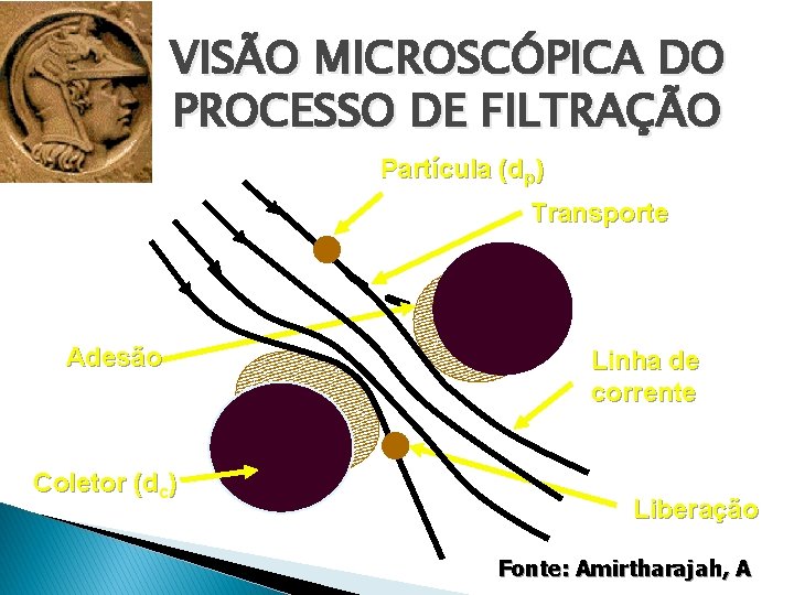 VISÃO MICROSCÓPICA DO PROCESSO DE FILTRAÇÃO Partícula (dp) Transporte Adesão Coletor (dc) Linha de