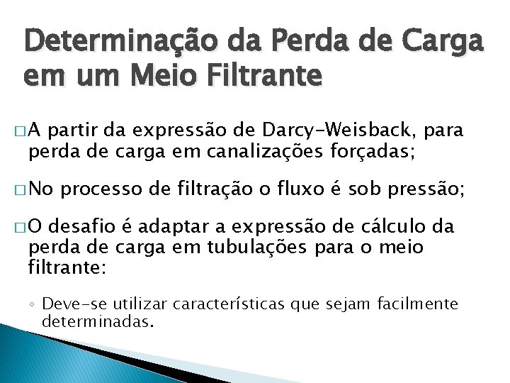 Determinação da Perda de Carga em um Meio Filtrante �A partir da expressão de