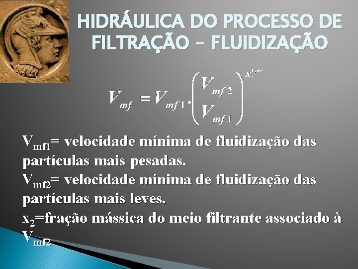 HIDRÁULICA DO PROCESSO DE FILTRAÇÃO - FLUIDIZAÇÃO Vmf 1= velocidade mínima de fluidização das