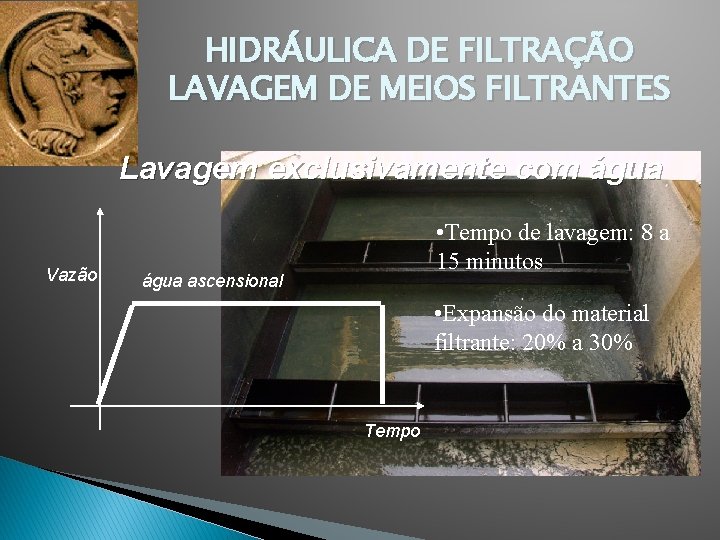 HIDRÁULICA DE FILTRAÇÃO LAVAGEM DE MEIOS FILTRANTES Lavagem exclusivamente com água Vazão • Tempo