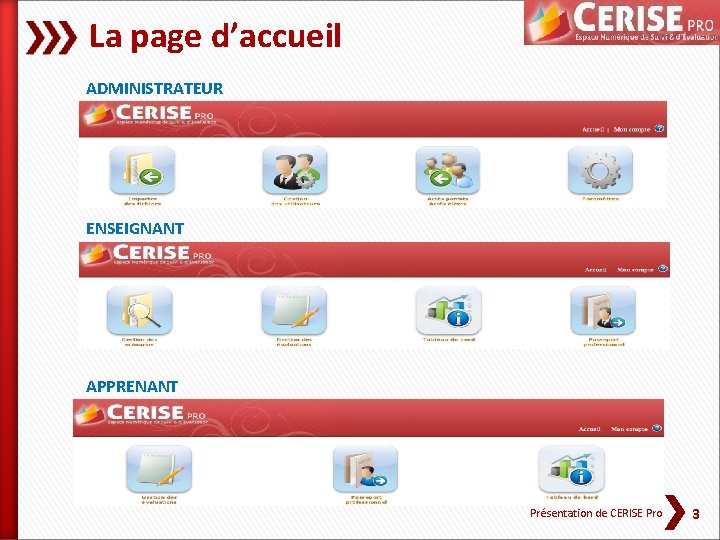 La page d’accueil ADMINISTRATEUR ENSEIGNANT APPRENANT Présentation de CERISE Pro 3 