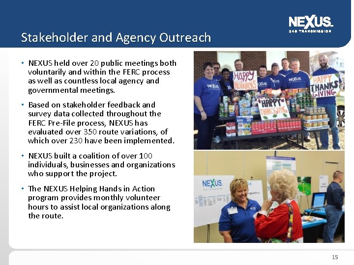Stakeholder and Agency Outreach • NEXUS held over 20 public meetings both voluntarily and