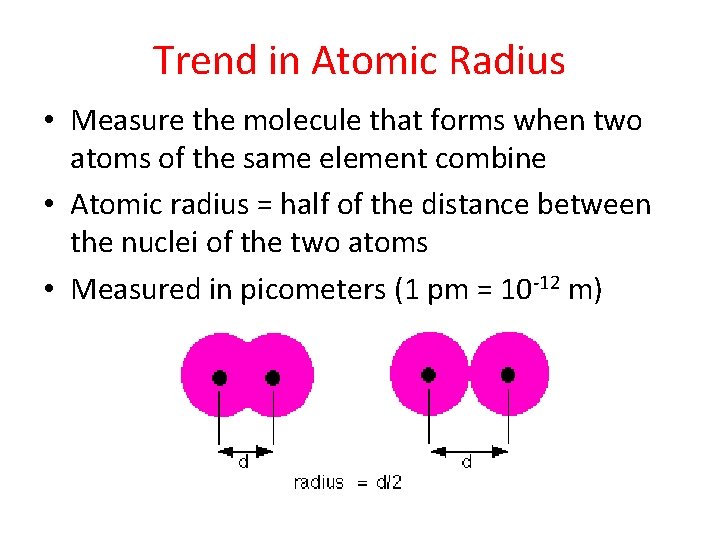 Trend in Atomic Radius • Measure the molecule that forms when two atoms of