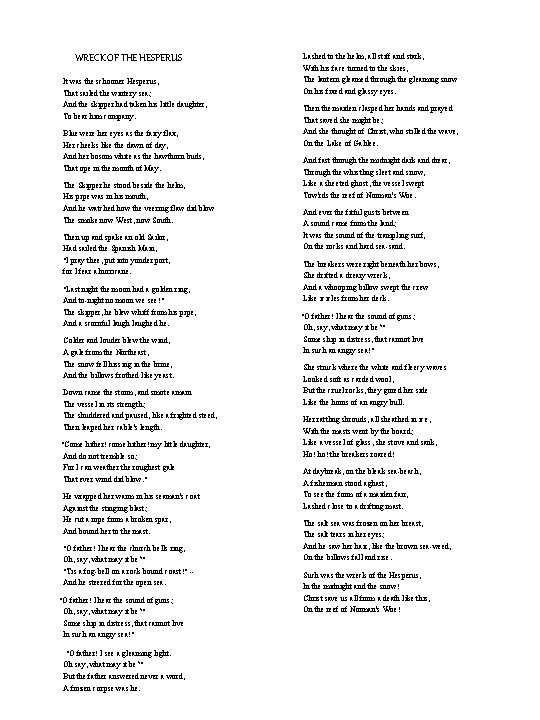 WRECK OF THE HESPERUS It was the schooner Hesperus, That sailed the wintery sea;