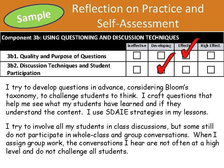 e l p m a S Reflection on Practice and Self-Assessment Component 3 b: