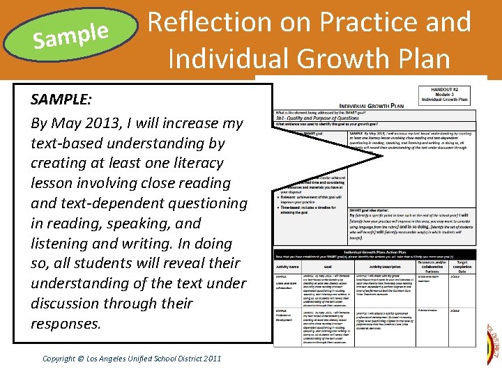 Sample Reflection on Practice and Individual Growth Plan SAMPLE: By May 2013, I will