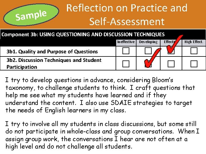 e l p m a S Reflection on Practice and Self-Assessment Component 3 b: