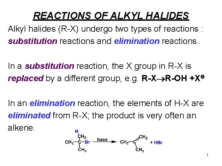 REACTIONS OF ALKYL HALIDES Alkyl halides (R-X) undergo two types of reactions : substitution