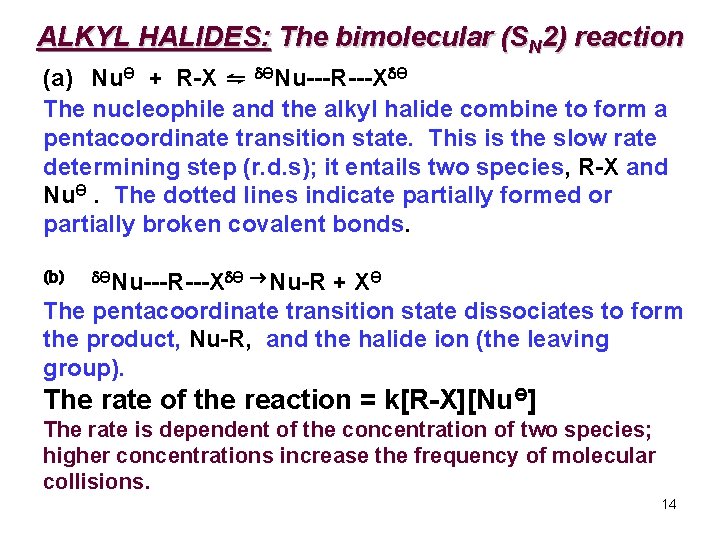 ALKYL HALIDES: The bimolecular (SN 2) reaction (a) NuӨ + R-X ⇋ ӨNu---R---X Ө