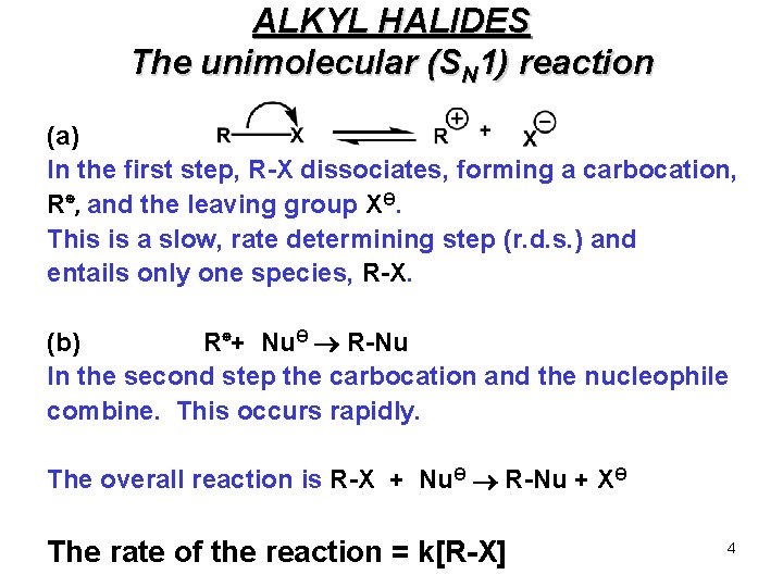 ALKYL HALIDES The unimolecular (SN 1) reaction (a) In the first step, R-X dissociates,