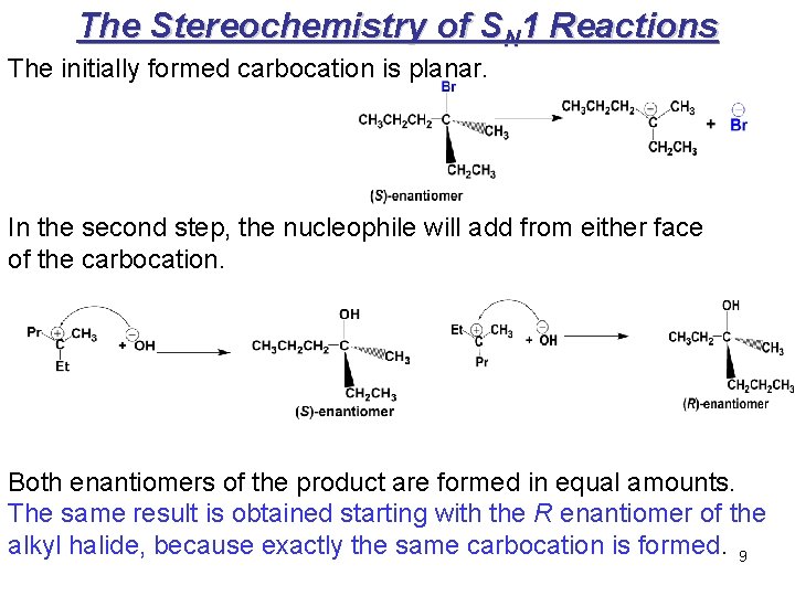 The Stereochemistry of SN 1 Reactions The initially formed carbocation is planar. In the