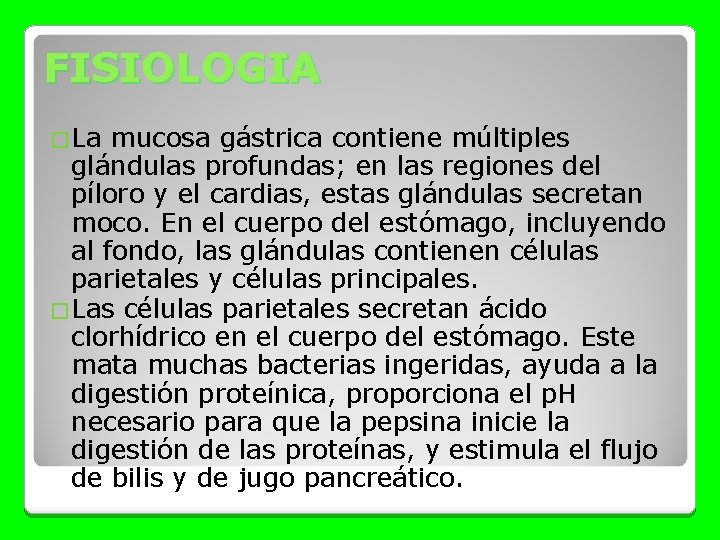 FISIOLOGIA �La mucosa gástrica contiene múltiples glándulas profundas; en las regiones del píloro y