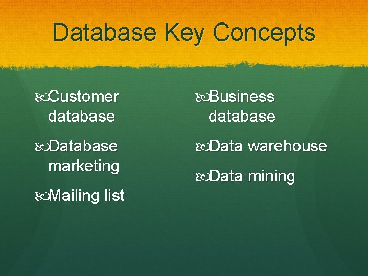 Database Key Concepts Customer database Business database Database marketing Data warehouse Mailing list Data