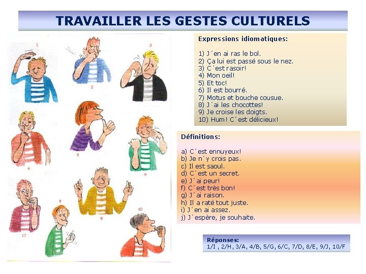 TRAVAILLER LES GESTES CULTURELS Expressions idiomatiques: 1) J´en ai ras le bol. 2) Ça