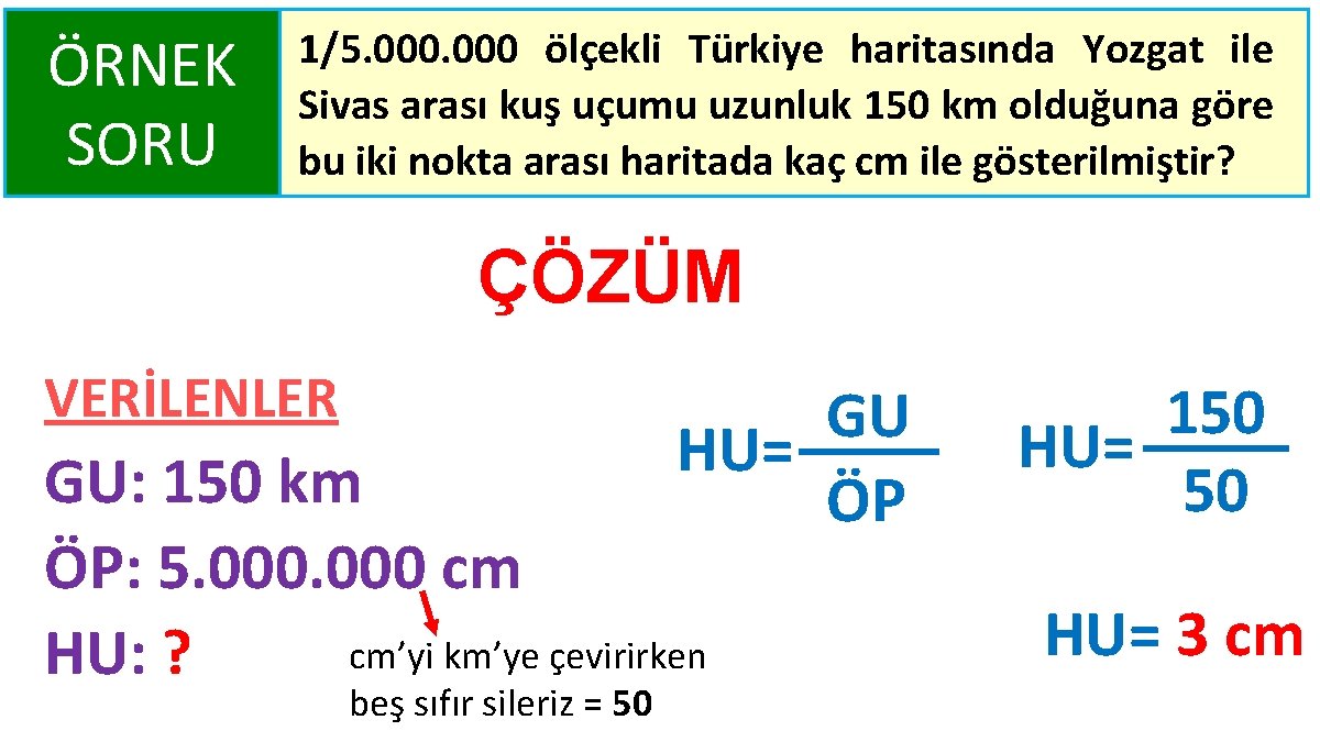 ÖRNEK SORU 1/5. 000 ölçekli Türkiye haritasında Yozgat ile Sivas arası kuş uçumu uzunluk