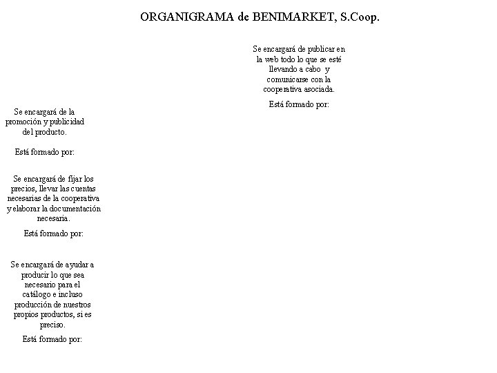 ORGANIGRAMA de BENIMARKET, S. Coop. Se encargará de publicar en la web todo lo