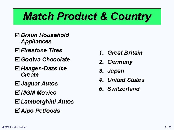 Match Product & Country þ Braun Household Appliances þ Firestone Tires þ Godiva Chocolate