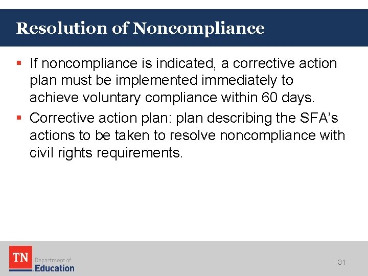 Resolution of Noncompliance § If noncompliance is indicated, a corrective action plan must be