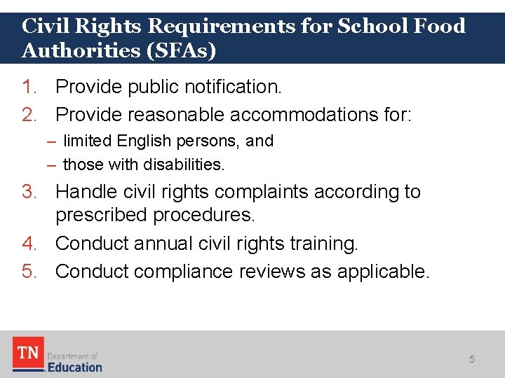 Civil Rights Requirements for School Food Authorities (SFAs) 1. Provide public notification. 2. Provide