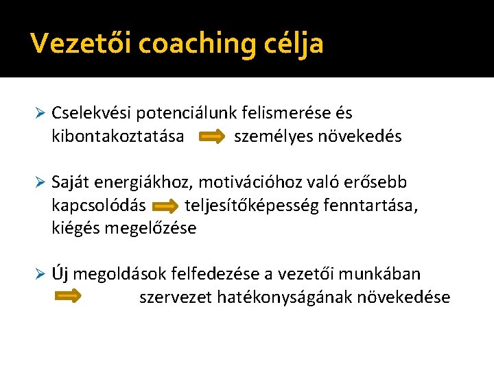 Vezetői coaching célja Ø Cselekvési potenciálunk felismerése és kibontakoztatása személyes növekedés Ø Saját energiákhoz, Vezetői coaching célja Ø Cselekvési potenciálunk felismerése és kibontakoztatása személyes növekedés Ø Saját energiákhoz,