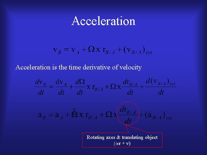 Acceleration is the time derivative of velocity Rotating axes & translating object (wr +