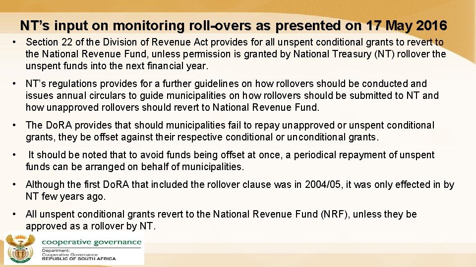 NT’s input on monitoring roll-overs as presented on 17 May 2016 • Section 22