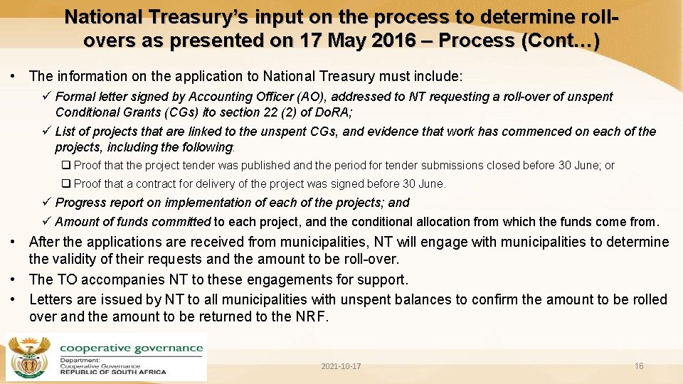 National Treasury’s input on the process to determine rollovers as presented on 17 May