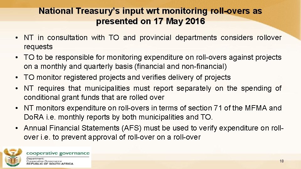 National Treasury’s input wrt monitoring roll-overs as presented on 17 May 2016 • NT