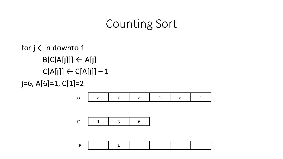 Counting Sort for j ← n downto 1 B[C[A[j]]] ← A[j] C[A[j]] ← C[A[j]]